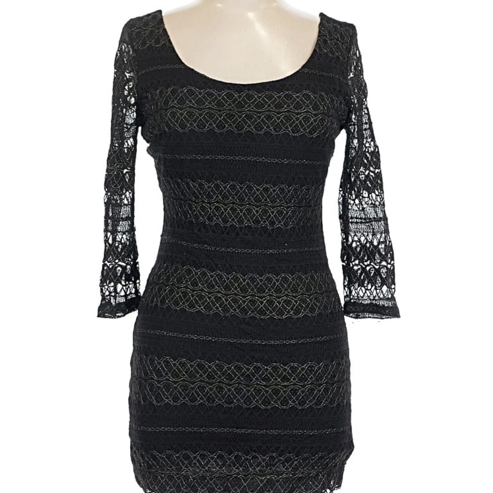XXI Black Lace Cocktail Dress Large 3/4 Sleeve Mini Sheer Overlay